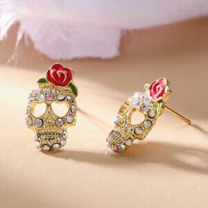 New - Pink Rose Rhinestone Skull Earrings - Gold- Tone Studs